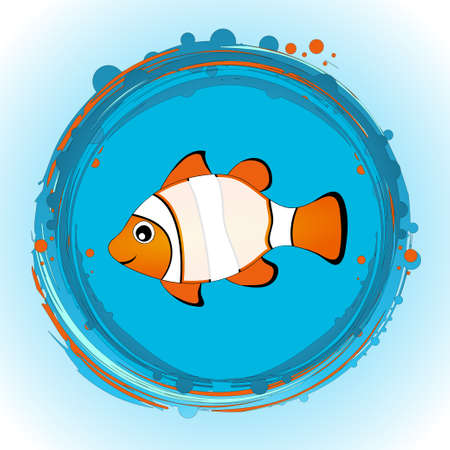 Hand Drawn Cute Tropical Nemo Fish With Blank Copy Space On His Body Over Circular Blue And Orange Border And White And Blue Backgroundのイラスト素材