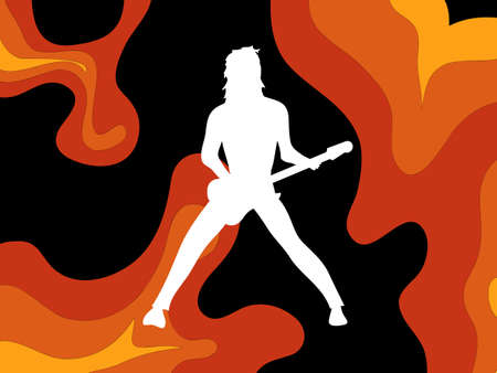 White Silhouette Of Rock Star Playing Guitar Over Abstract Psychedelic Red Orange Yellow And Black Backgroundのイラスト素材