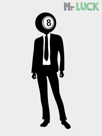 Black and White Silhouette of Suited Man With Bingo Lotto Ball Number Eight As Head And Decorative Text Mr Luck Over White Backgroundのイラスト素材