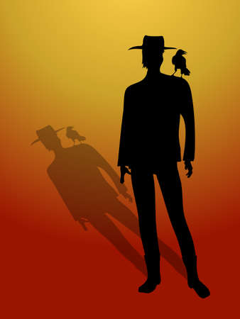 Black Hand Drawn Silhouette Of Man With Hat And Crow On His Shoulder With Shadow Over Red And Yellow Gradient Backgroundのイラスト素材