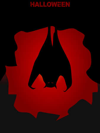 Halloween Poster Background With Black Bat Silhouette Hanging In A Cave Over Dark Red With...