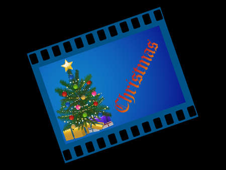 Christmas Photo Frame With Decorated Tree And Decorative Text And Wrapped Gifts Over Black Backgroundのイラスト素材