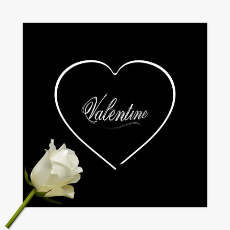 Simple White Valentine Abstract Heart And Decorative Text Over Black Background With 3D Illustration Of A Rose On The Bottom Left Cornerのイラスト素材
