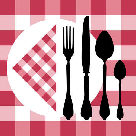 Menu design with cutlery silhouettes on red tableclothのイラスト素材