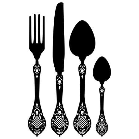 Retro silhouette of knife, fork, spoon, and sporkのイラスト素材