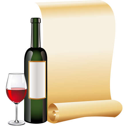 Glass of red wine with bottle and old scroll paperのイラスト素材