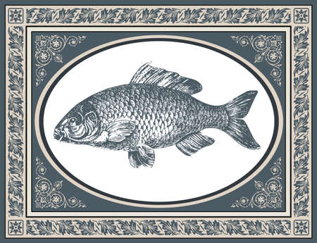 Fish carp vector illustration, antique graphic and stylized frame with corner ornamentsのイラスト素材