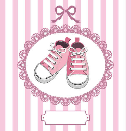 Pink baby shoes and lace frameのイラスト素材