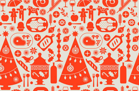 Seamless background with Christmas food and Christmas tree.のイラスト素材