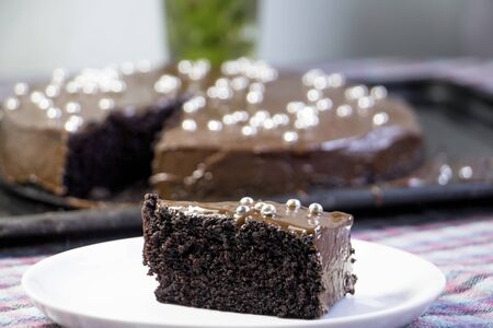 piece of chocolate cake on plate の写真素材