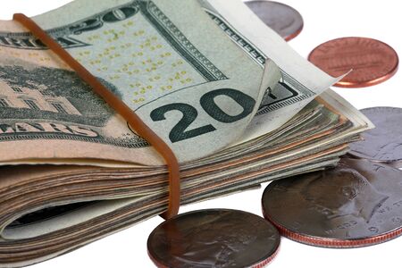 Close-up of a $20 banknotes, isolated on a white background