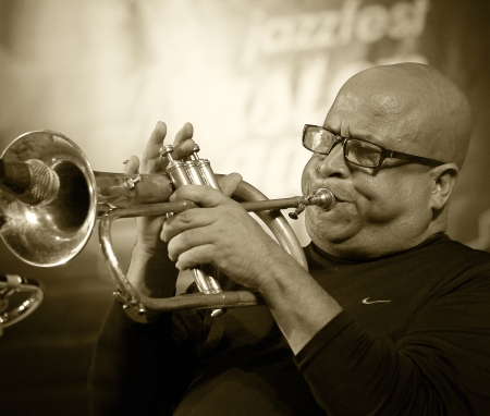 ODESSA, UKRAINE - JUNE 5  trumpeter Roberto Garcia  Cuba, Havana  performing live on stage as part of the  First International Festival of jazz improvisation,  June 5, 2013 in Odessa, Ukraineのeditorial素材