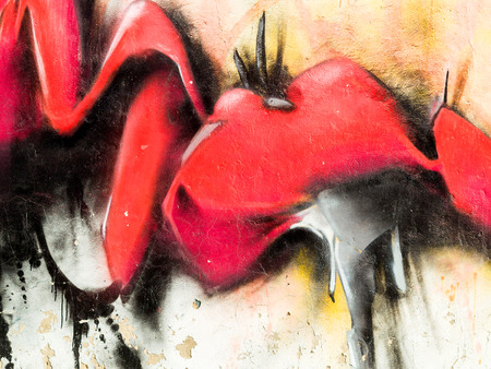 KASIMOV - JULY 24: Detail of graffiti on the wall of the old building. Grungy concrete surface with cracks, scratches and streaks of paint. July 24, 2015 in Kasimov, Russiaのeditorial素材