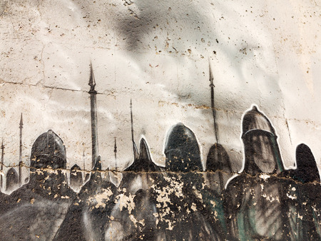 VARNA - NOVEMBER 11: Detail of graffiti on the wall of the old building. Grungy concrete surface with cracks, scratches and streaks of paint. November 11, 2015 in Varna, Bulgariaのeditorial素材