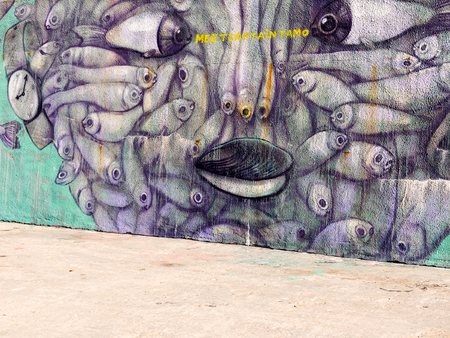 VARNA - 18 November: Detail of graffiti on a concrete wall Perspective. Grungy concrete surface with cracks, scratches and streaks of paint. November 18, 2015 in Varna, Bulgariaのeditorial素材