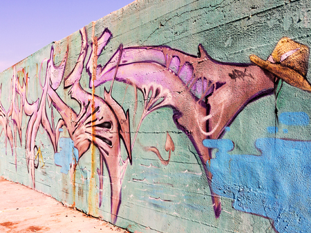VARNA - 18 November: Detail of graffiti on a concrete wall Perspective. Grungy concrete surface with cracks, scratches and streaks of paint. November 18, 2015 in Varna, Bulgariaのeditorial素材