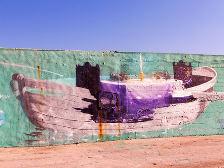VARNA - 18 November: Detail of graffiti on a concrete wall Perspective. Grungy concrete surface with cracks, scratches and streaks of paint. November 18, 2015 in Varna, Bulgariaのeditorial素材