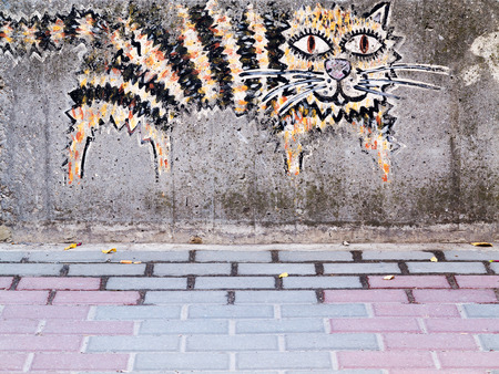 VARNA - 18 November: Detail of graffiti on a concrete wall Perspective. Grungy concrete surface with cracks, scratches and streaks of paint. November 18, 2015 in Varna, Bulgariaのeditorial素材