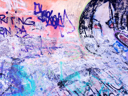 VARNA - 18 November: Detail of graffiti on a concrete wall. Grungy concrete surface with cracks, scratches and streaks of paint. November 18, 2015 in Varna, Bulgariaのeditorial素材