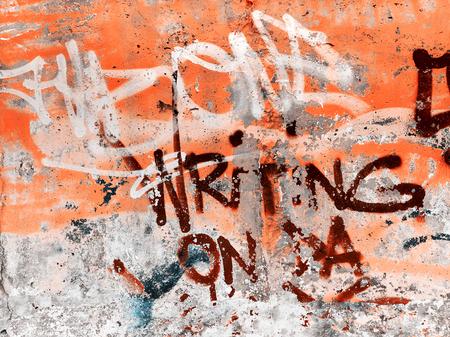 VARNA - 18 November: Detail of graffiti on a concrete wall. Grungy concrete surface with cracks, scratches and streaks of paint. November 18, 2015 in Varna, Bulgariaのeditorial素材