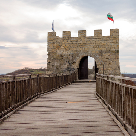 Ancient wooden staircase in the medieval fortress 3rd - 7th and 11th - 17th century (East date) Ovech in Provadia, Bulgariaのeditorial素材
