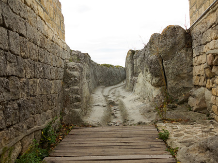 Ancient wooden staircase in the medieval fortress 3rd - 7th and 11th - 17th century (East date) Ovech in Provadia, Bulgariaのeditorial素材