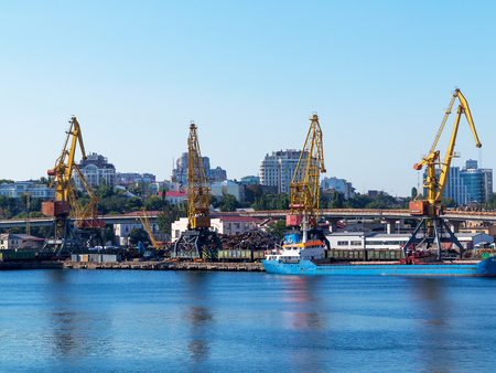 Odessa, Ukraine - August 15, 2016: Container cranes in cargo port terminal, cargo cranes without job in an empty harbor port. A crisis. Defaulted paralyzed entire economy in Odessa, Ukraine, August 15, 2016のeditorial素材