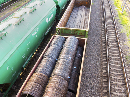 Odessa, Ukraine - August 17, 2010: Freight trains stand in a queue for loading at the cargo terminal of the Odessa sea port. Rail transportation most economical logistics solutionsのeditorial素材