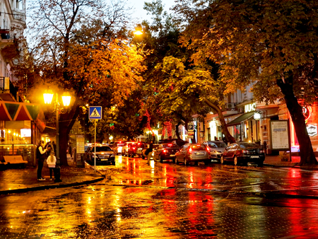 ODESSA, UKRAINE - October 4, 2016: Night city street lamps in the light of a rainy day. Creative blur. Dynamic city night scene of October 4, 2016 in Odessaのeditorial素材