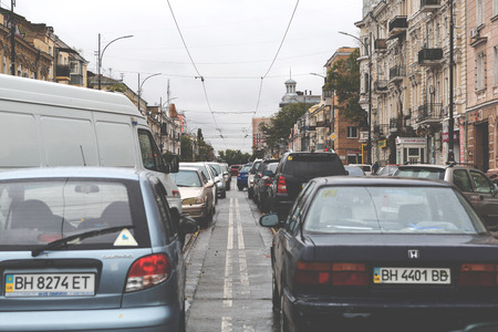 Odessa, Ukraine - October 13, 2016: Traffic jams on the streets of the city, formed after Hurricane Kristy. Toningのeditorial素材