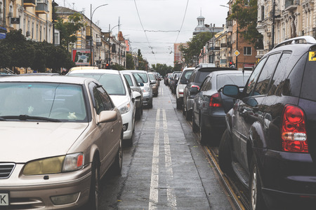 Odessa, Ukraine - October 13, 2016: Traffic jams on the streets of the city, formed after Hurricane Kristy. Toningのeditorial素材