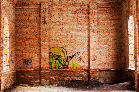 Odessa, Ukraine - 11 March 2013: Old building falling apart with broken windows, walls covered with cracks and scratchesのeditorial素材