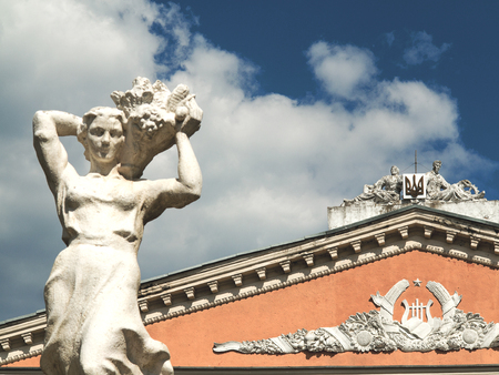 Old abandoned Soviet building in the city centre on a summer's day. The Palace of culture. Collapsing building. The economic and political crisis.のeditorial素材