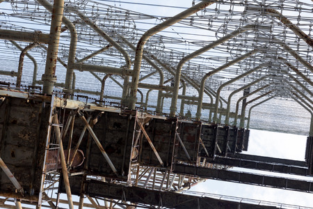Large antenna field. Soviet radar system "Duga" at Chernobyl nuclear power plant. ABM missile defense. Antenna field, over-the-horizon radar. Military object of USSR ABM. Secret Soviet Chernobyl -2のeditorial素材