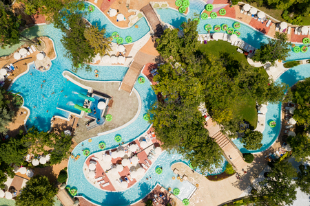 Albena, Bulgaria - July 26, 2019: Aquapark view from above, people relaxing on a summer day.のeditorial素材