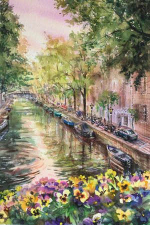 Watercolor Amsterdam canal at sunset. Netherlands. Houses and Boats. Vertical view, copy-space. Template for designs, card.の写真素材