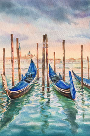 Painting of Venice Italy. Grand canal watercolor. Parked gondolas and the Church of San Giorgio Maggiore in Venice. Romantic holiday in Italy. Panoramic view of Laguna. Vertical view, copy-space.の写真素材