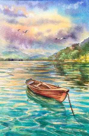 Watercolor wooden boat in the sea in the evening sunlight over beautiful big mountains background. Reflection in water, waves. Summer adventure, active vacation in Mediterranean sea. Copy space.の写真素材