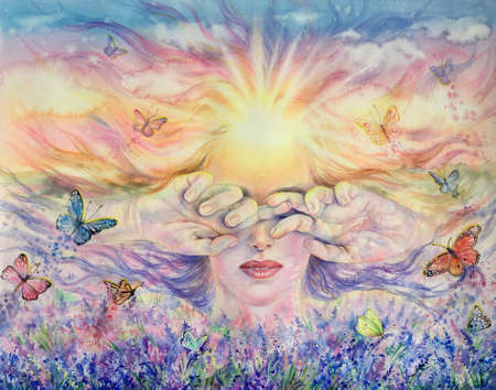 Watercolor women meditate in nature. Concept for yoga, recreation, meditation, relax, positive energy, human resources, vitality. Design element.の写真素材