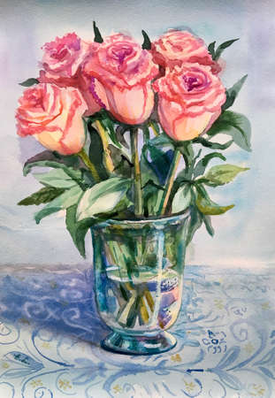 Watercolor pink roses in vase on table in room. Beautiful bouquet. Design element.の写真素材