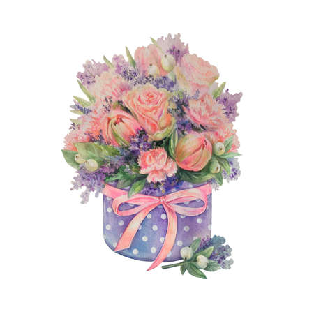 Watercolor bouquet of flowers isolated on white background. Gift box with beautiful flowers. Design element.の写真素材