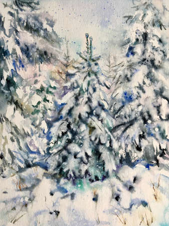 Watercolor majestic winter landscape in the forest. Winter trees. Christmas concept. Fantastic winter background. Fairy forest.の写真素材