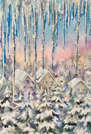 Watercolor long icicles. Ice wheels shine in the sun against the blue sky. Design element.の写真素材