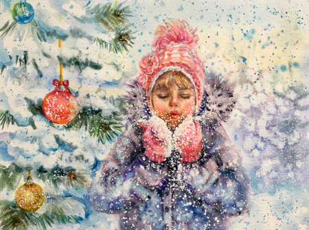 Snowfall. Beauty winter girl. Flying snowflakes. Winter time. Winter girl blowing snow in a park. Christmas background with falling snowflakes. Hand painted watercolor background blue, white, gray.の写真素材