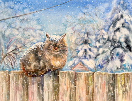 Watercolor fluffy kitty. The cat sits on the wooden fence in winter. Winter background: white, blue, purple. Design element.の写真素材