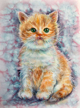 Watercolor fluffy kitty. Sweet beautiful cat portrait. Design element.の写真素材