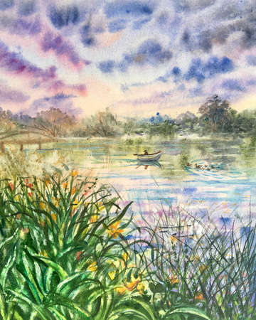 Watercolor sea. Ducks swim in the lake. Landscape with fisherman in a boat. Design element.の写真素材