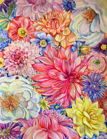 Beautiful garden flowers. Flower decoration. Pink, red, yellow, purple, orange background. Watercolor. Design element.の写真素材