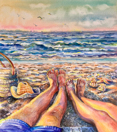 Watercolor legs on beach. Two lovers, man and woman barefoot near the water. Summer background.の写真素材