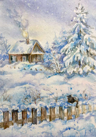 The cat sits on the wooden fence in winter. Winter background: white, blue, purple. Design element. Watercolor.の写真素材